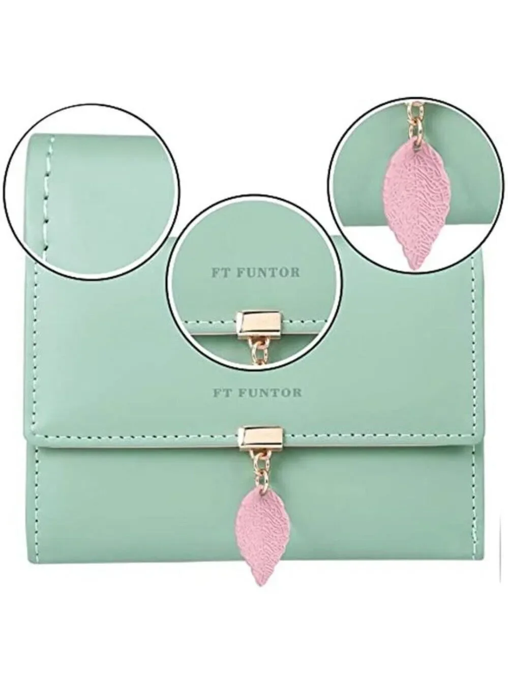 Leaf Trifold Wallet Light Blue RFID Zipper Pocket Ladies